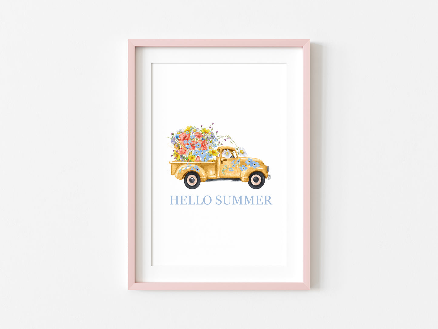 Hello summer watercolour floral yellow wildflower truck illustration unframed wall art poster print