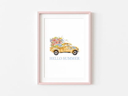 Hello summer watercolour floral yellow wildflower truck illustration unframed wall art poster print