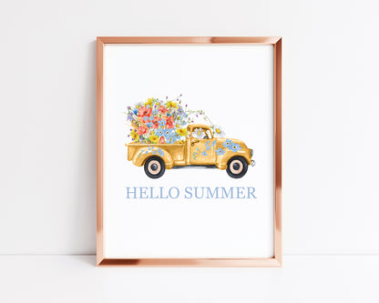 Hello summer watercolour floral yellow wildflower truck illustration unframed wall art poster print