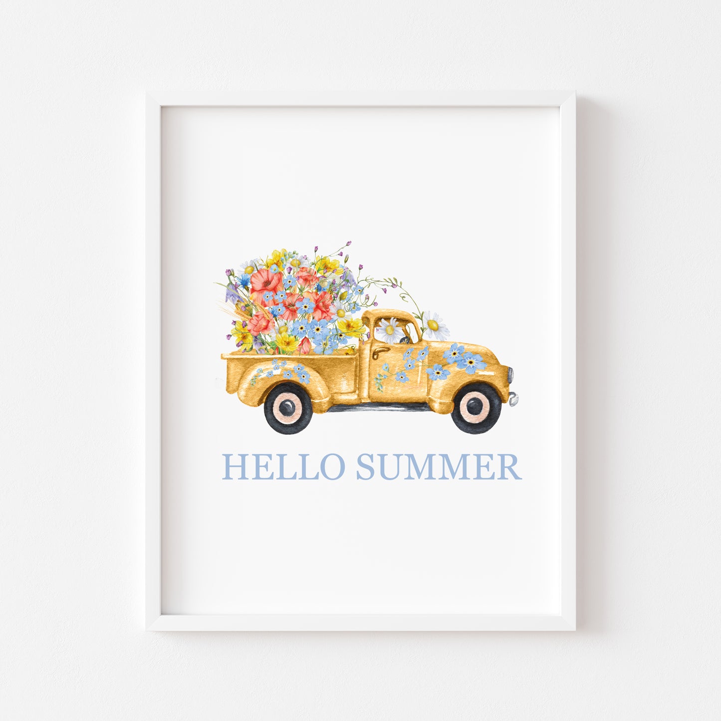 Hello summer watercolour floral yellow wildflower truck illustration unframed wall art poster print