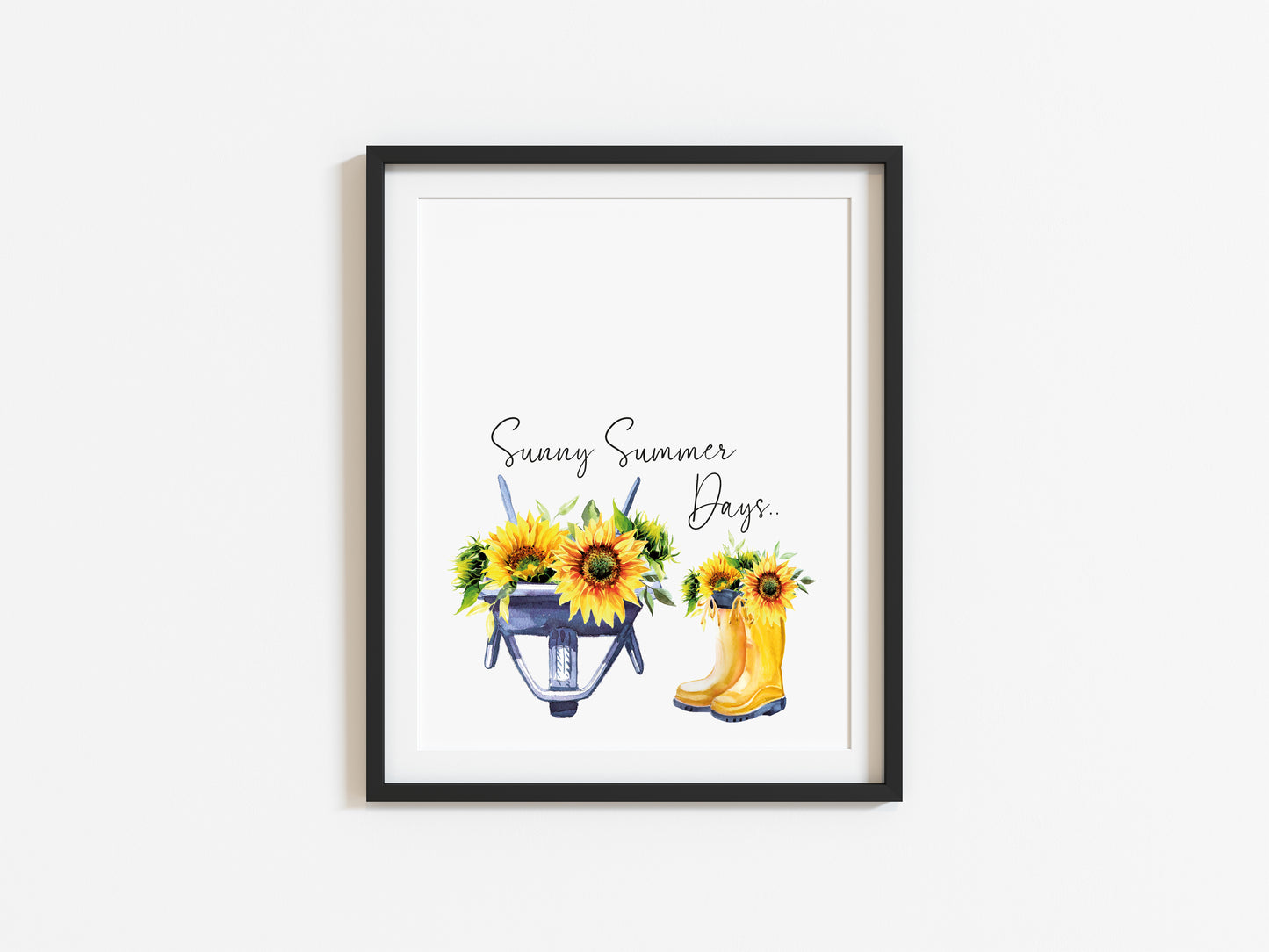 Sunny Summer days, watercolour sunflowers boots and wheel barrow typography unframed print