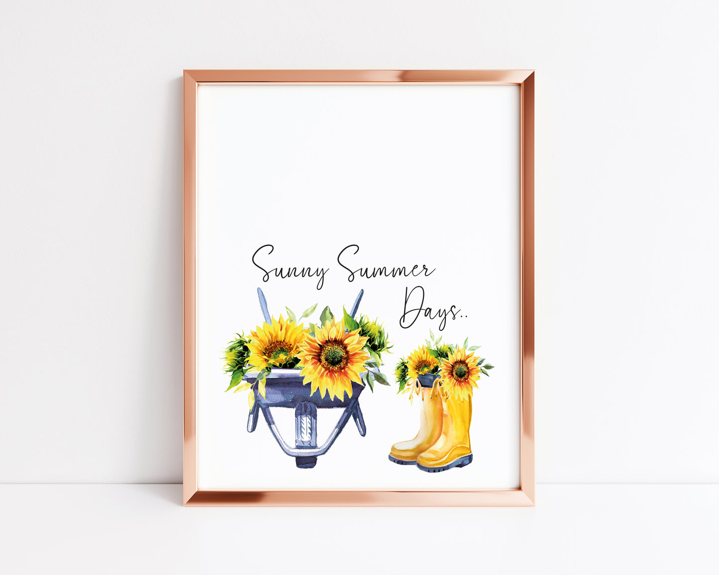 Sunny Summer days, watercolour sunflowers boots and wheel barrow typography unframed print