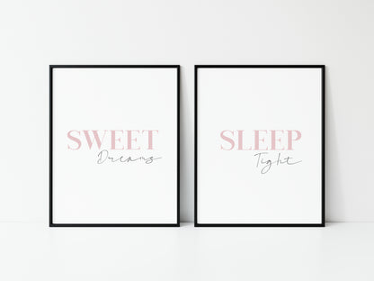 Set of 2 bedroom pink sleeping sweet dreams sleep tight pink stylish unframed wall art poster rints