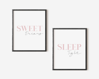 Set of 2 bedroom pink sleeping sweet dreams sleep tight pink stylish unframed wall art poster rints