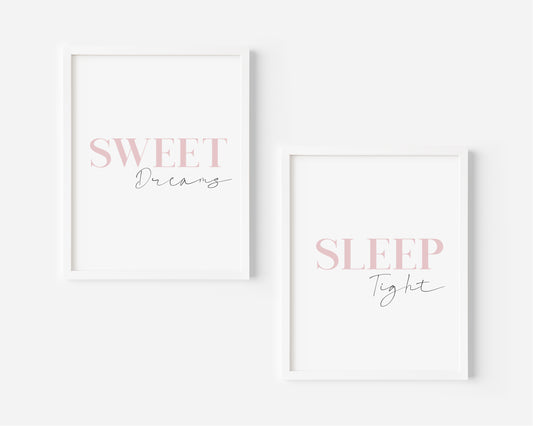 Set of 2 bedroom pink sleeping sweet dreams sleep tight pink stylish unframed wall art poster rints