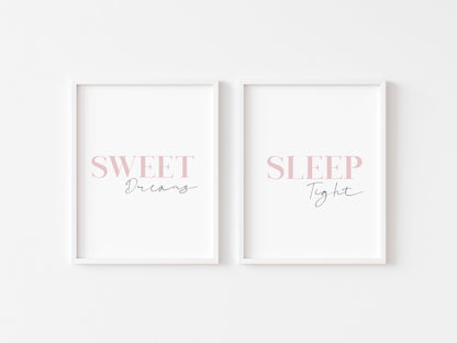 Set of 2 bedroom pink sleeping sweet dreams sleep tight pink stylish unframed wall art poster rints