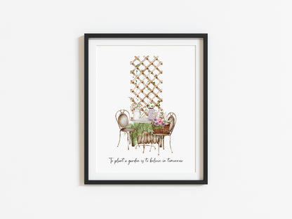 To plant a garden is to believe in tomorrow watercolour gardening scene illustration unframed wall art poster print