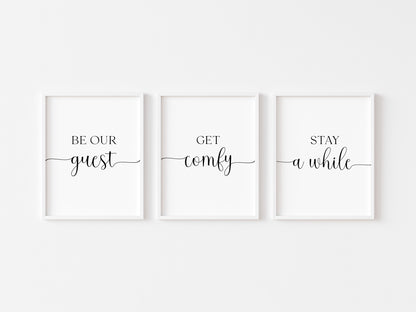 Set of 3 home guest bedroom, get comfy, be our guest, stay a while swirly borderless unframed wall art prints