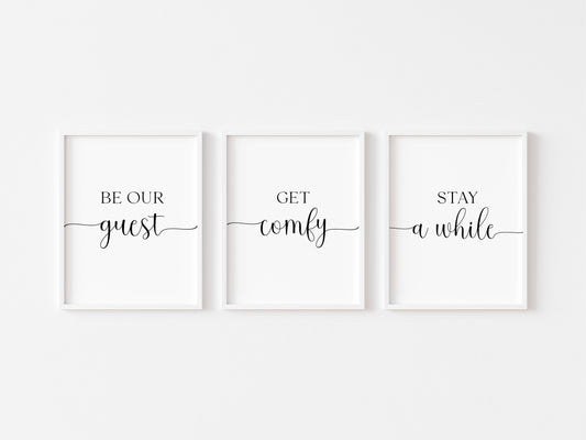 Set of 3 home guest bedroom, get comfy, be our guest, stay a while swirly borderless unframed wall art prints