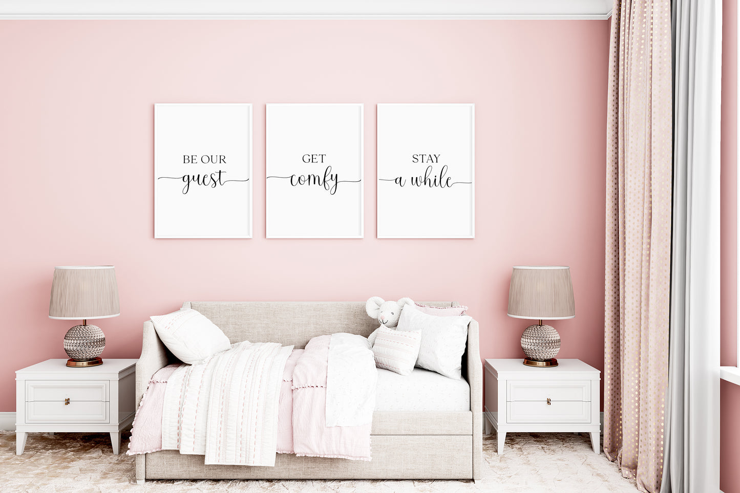 Set of 3 home guest bedroom, get comfy, be our guest, stay a while swirly borderless unframed wall art prints