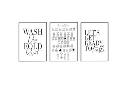 Set of 3 wash dry fold repeat, laundry guide and let's get ready to tumble unframed prints