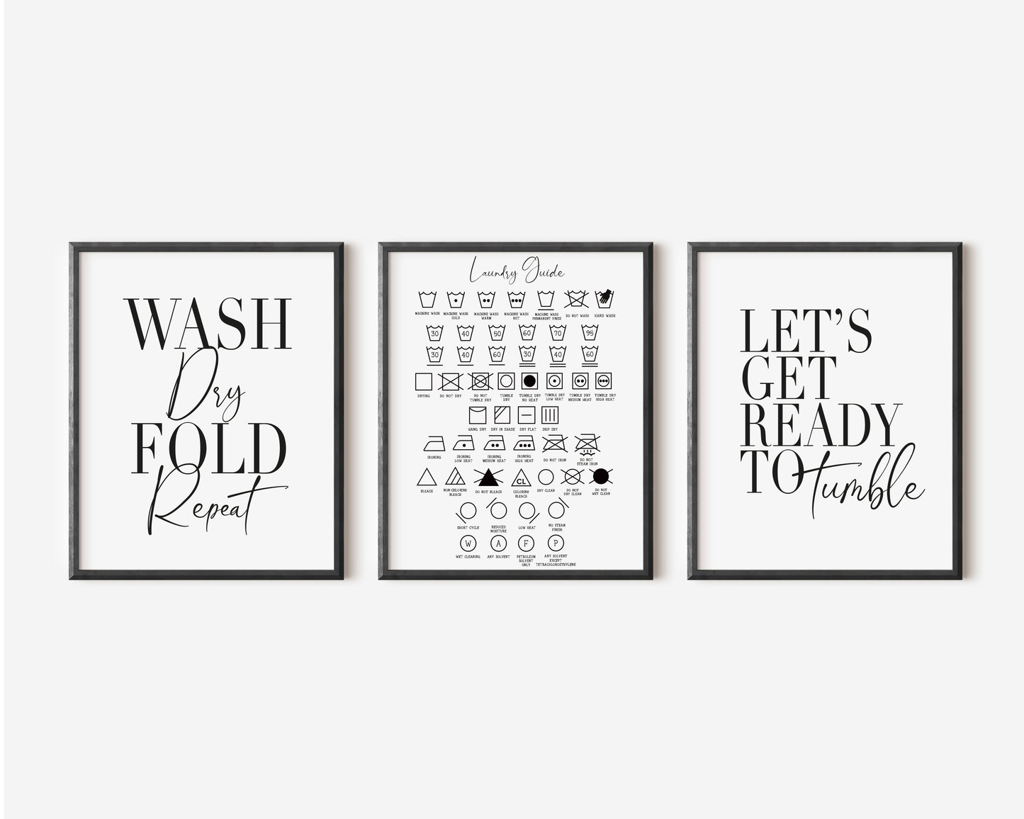 Set of 3 wash dry fold repeat, laundry guide and let's get ready to tumble unframed prints