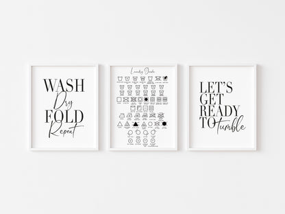 Set of 3 wash dry fold repeat, laundry guide and let's get ready to tumble unframed prints