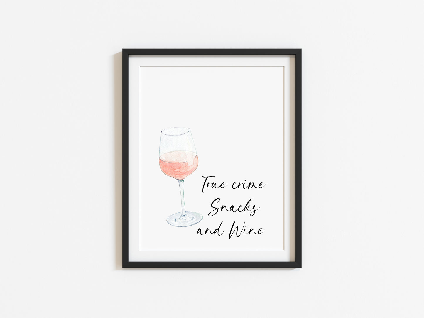 True crime snacks and wine watercolour illustration, kitchen, bedroom, office, unframed wall art poster print