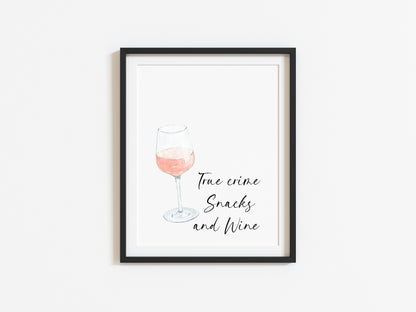 True crime snacks and wine watercolour illustration, kitchen, bedroom, office, unframed wall art poster print