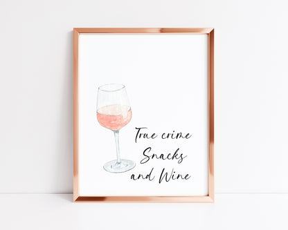 True crime snacks and wine watercolour illustration, kitchen, bedroom, office, unframed wall art poster print