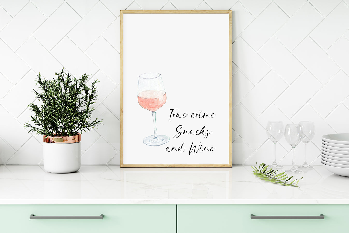 True crime snacks and wine watercolour illustration, kitchen, bedroom, office, unframed wall art poster print