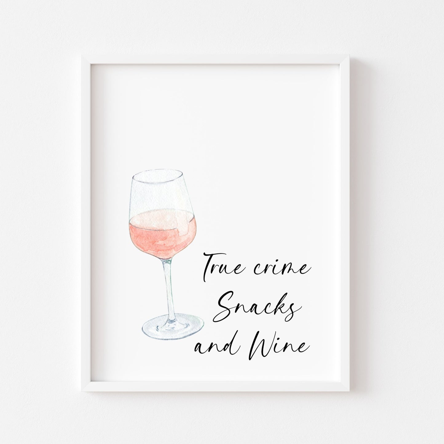 True crime snacks and wine watercolour illustration, kitchen, bedroom, office, unframed wall art poster print