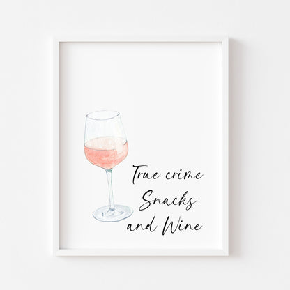 True crime snacks and wine watercolour illustration, kitchen, bedroom, office, unframed wall art poster print