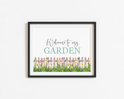 Welcome to my garden floral borderless watercolour style typography unframed print