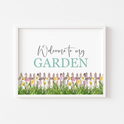 Welcome to my garden floral borderless watercolour style typography unframed print