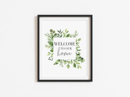 Welcome to our home green square botanical green wreath unframed wall art poster print