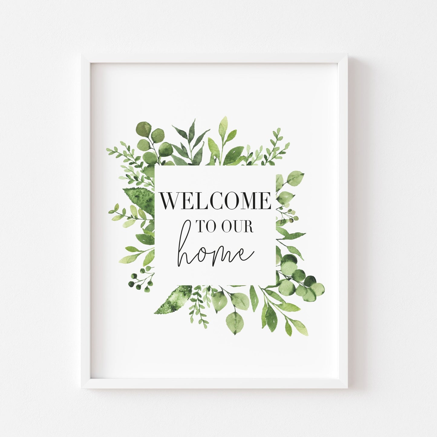 Welcome to our home green square botanical green wreath unframed wall art poster print