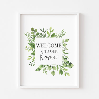 Welcome to our home green square botanical green wreath unframed wall art poster print