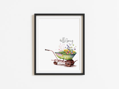 Hello Spring watercolour floral wheelbarrow illustration gardening spring summer unframed wall art poster print