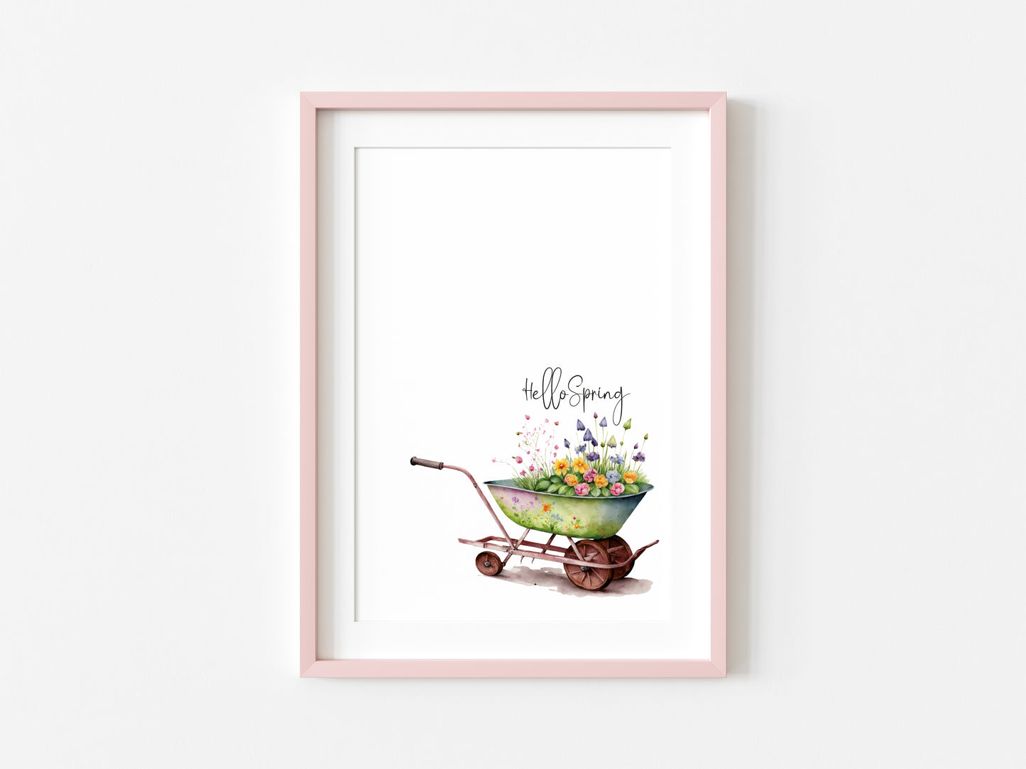 Hello Spring watercolour floral wheelbarrow illustration gardening spring summer unframed wall art poster print