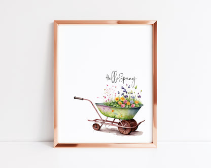 Hello Spring watercolour floral wheelbarrow illustration gardening spring summer unframed wall art poster print