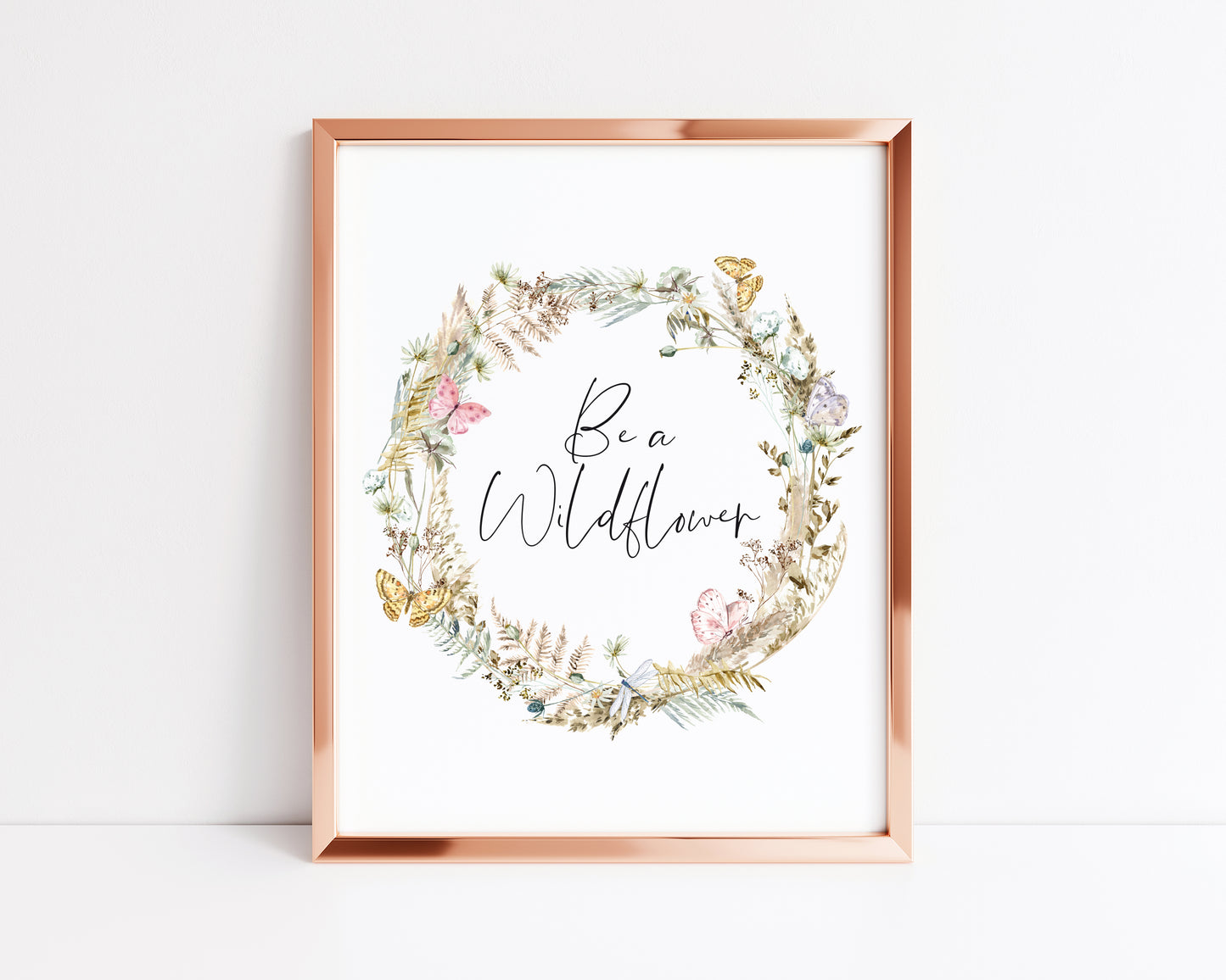 Be a wildflower, watercolour butterflies, pampas and wildflower wreath unframed wall art poster print