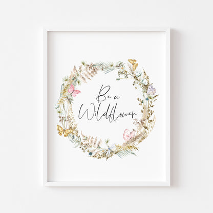 Be a wildflower, watercolour butterflies, pampas and wildflower wreath unframed wall art poster print