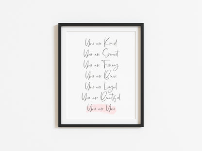 You are you, positive self love list pink watercolour style unframed print