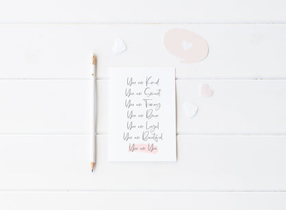 You are you, positive self love list pink watercolour style unframed print