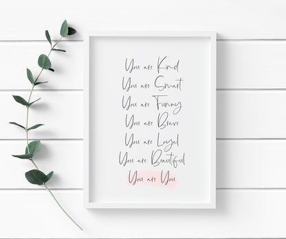 You are you, positive self love list pink watercolour style unframed print