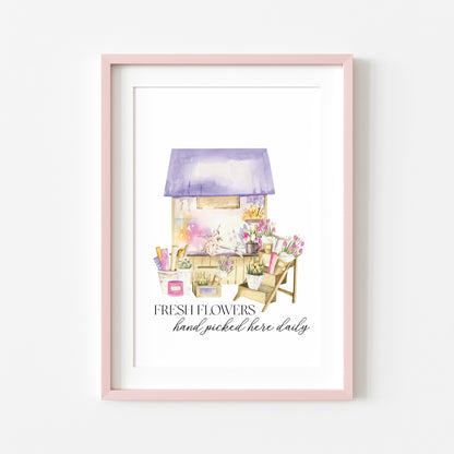 Fresh flowers hand picked here daily, watercolour flower shop illustration unframed wall art poster print