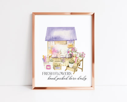 Fresh flowers hand picked here daily, watercolour flower shop illustration unframed wall art poster print